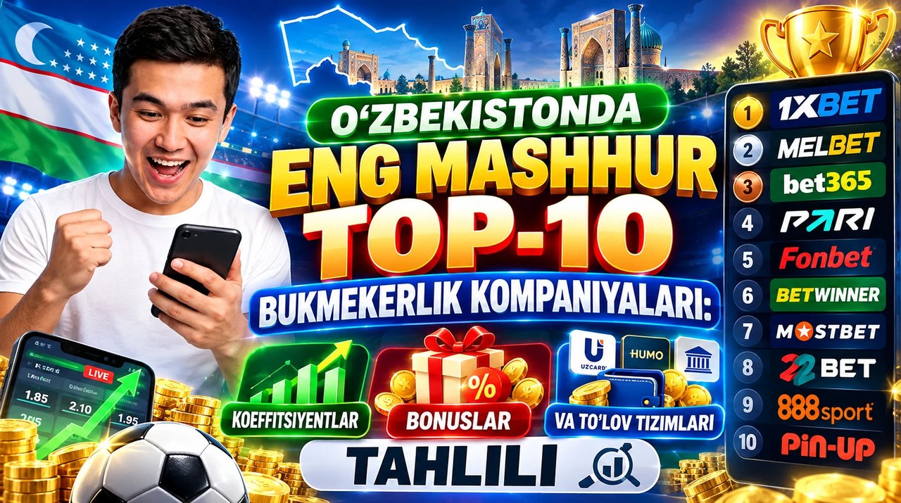 O‘zbekistonda Eng Mashhur Top-10 Bukmekerlik Kompaniyalari: Koeffitsiyentlar, Bonuslar va To‘lov Tizimlari Tahlili